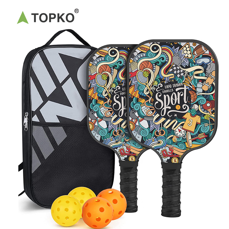 TOPKO In Stock Fiberglass Pickleball Paddle Set Colored pattern outdoor sports 4-ball, 2-racket, 1-pack pickleball Racket set