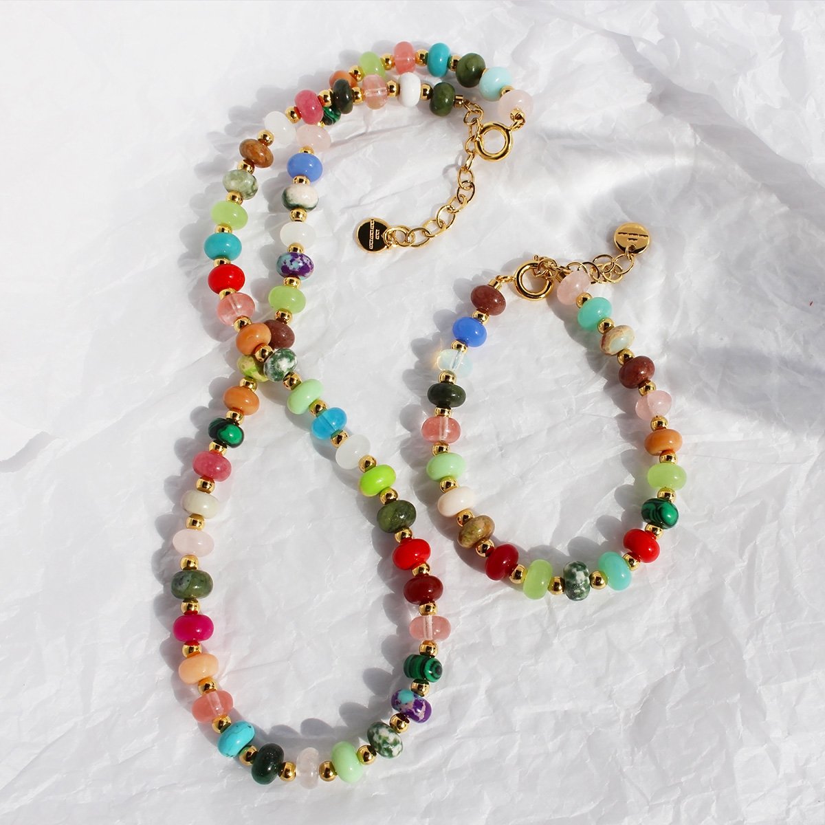 Niche design Rainbow Frisbee Natural stone handmade beaded necklace Hipster clavicle Chain Holiday Wind Bracelet 949