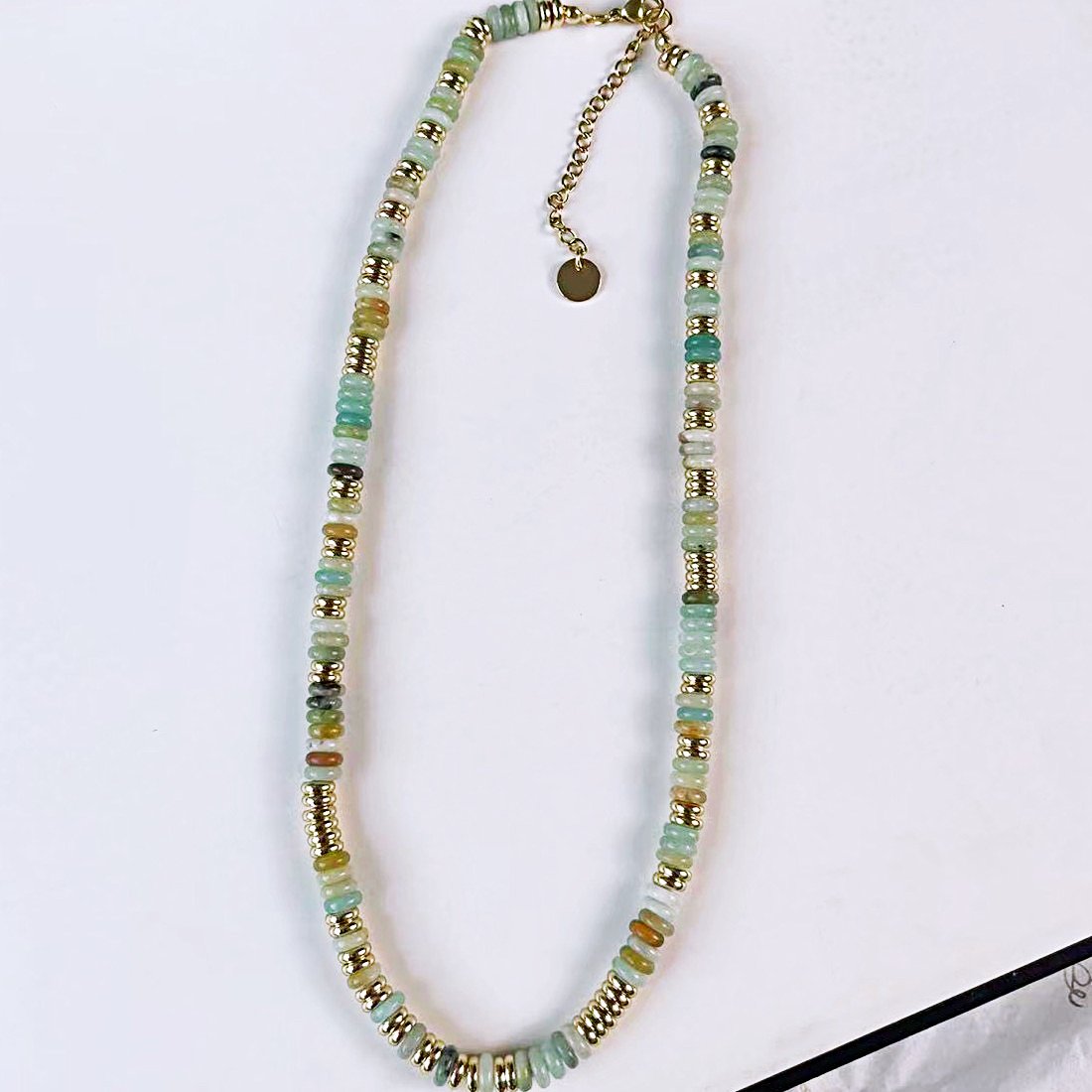 Bohemian Style Women's Necklace Fashionable Jade-Colored Frisbee New Ethnic Style Stainless Steel Jewelry with Gold Plating