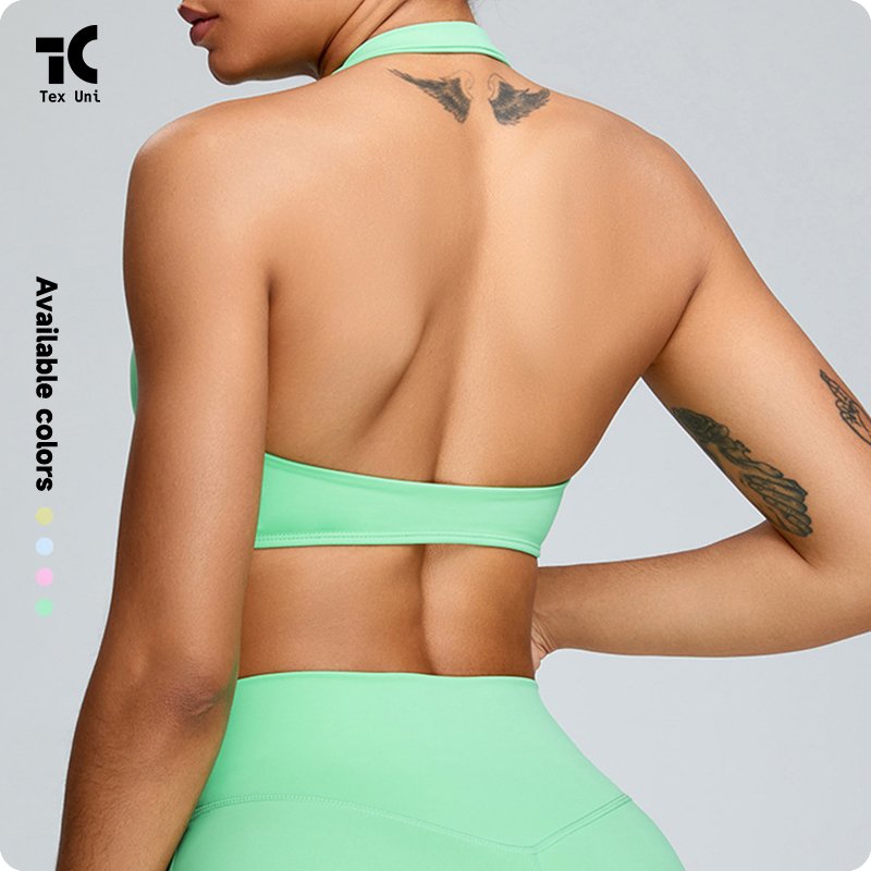 TexUni Nudity Feeling Halterneck Beautiful Back Sports Wear Gym Clothes High-Strength Gathered Shockproof Twist Front Yoga Bra