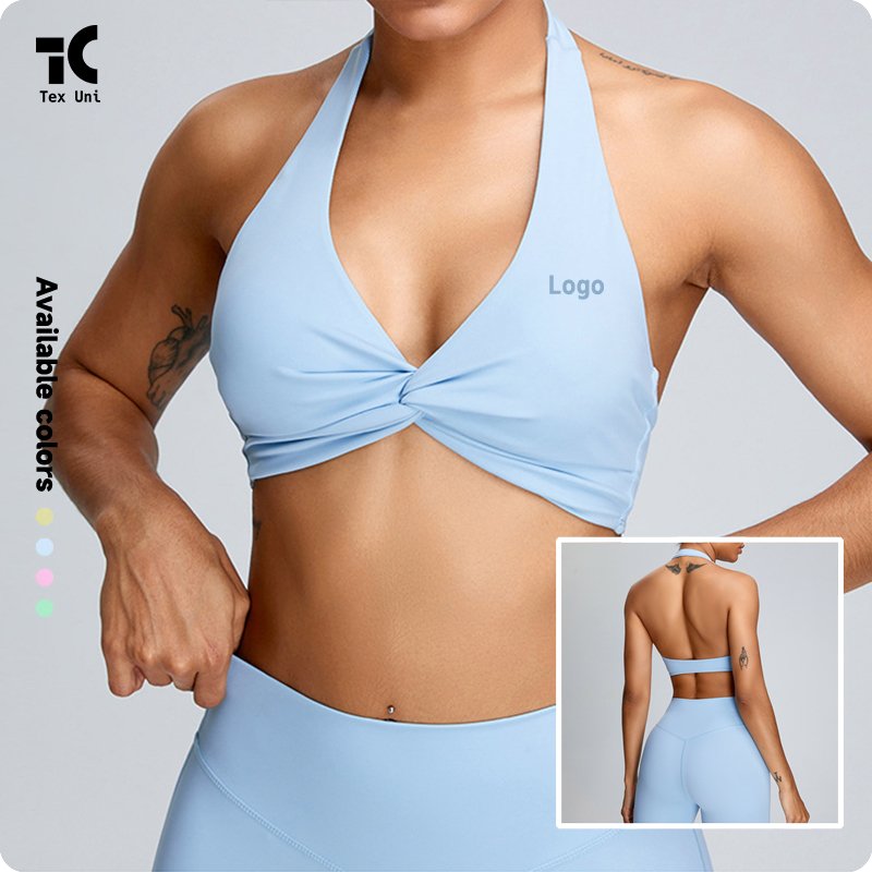 TexUni Nudity Feeling Halterneck Beautiful Back Sports Wear Gym Clothes High-Strength Gathered Shockproof Twist Front Yoga Bra