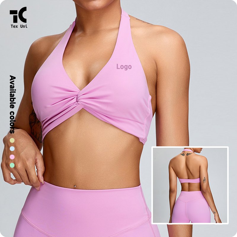 TexUni Nudity Feeling Halterneck Beautiful Back Sports Wear Gym Clothes High-Strength Gathered Shockproof Twist Front Yoga Bra