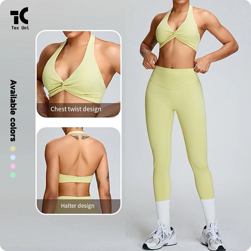 TexUni Nudity Feeling Halterneck Beautiful Back Sports Wear Gym Clothes High-Strength Gathered Shockproof Twist Front Yoga Bra