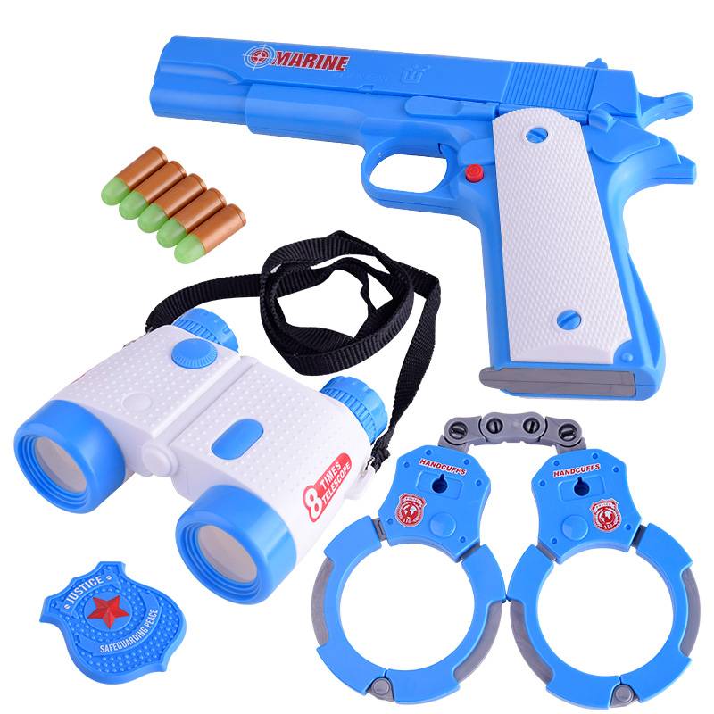 Children's soft shotgun toys can fire soft bombs shooting against the battle glasses handcuffed boy