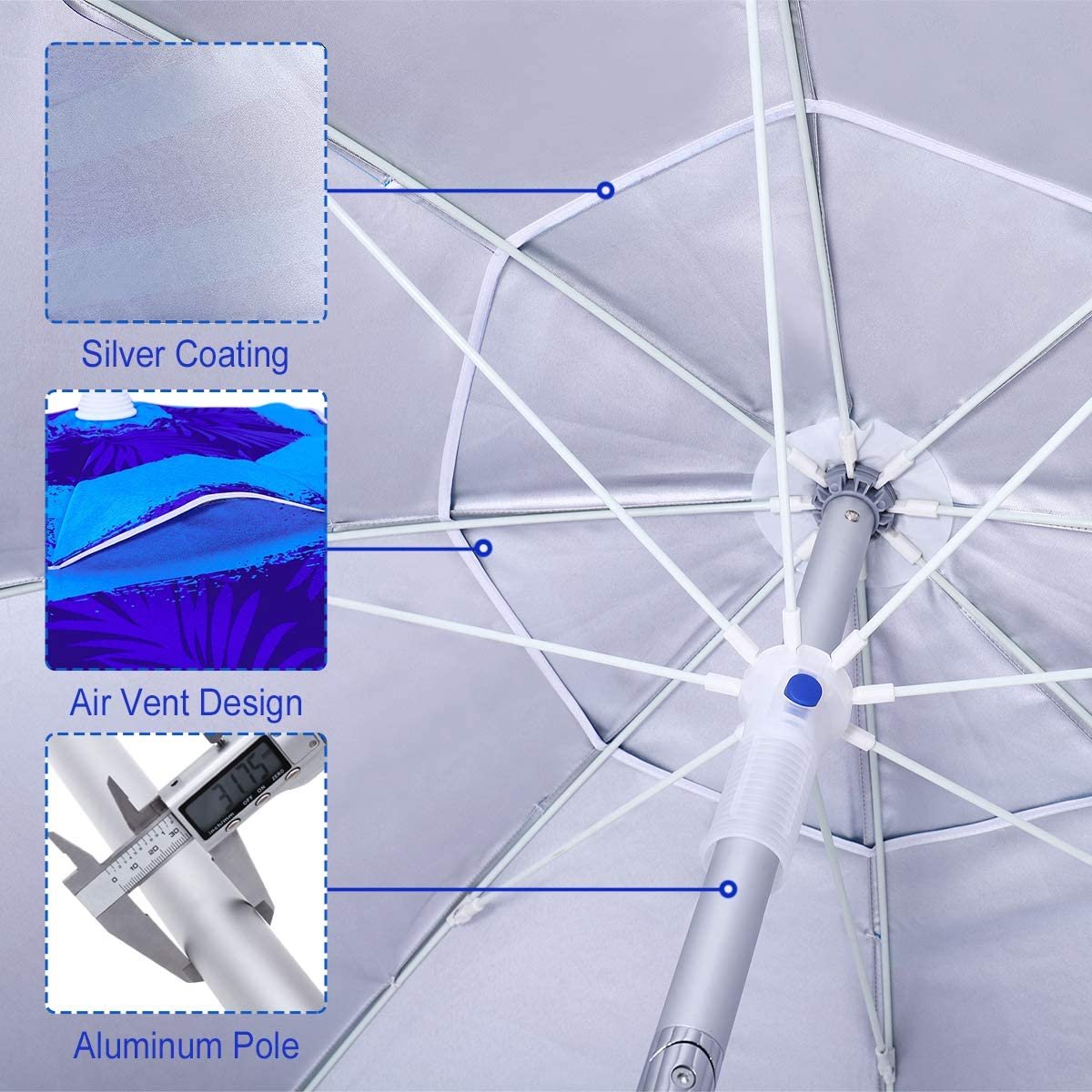 7 ft Beach Umbrella with Manual Adjustment Zinc Air Vent and Twist-in System Silver Coating UPF 50+ Sand Anchor for Adults