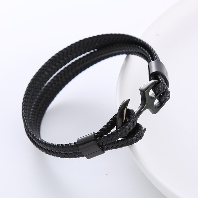 Luxury Jewelry Cowhide Fashion Men Boat Ocean Stainless Steel Anchor Leather Bracelet for Men