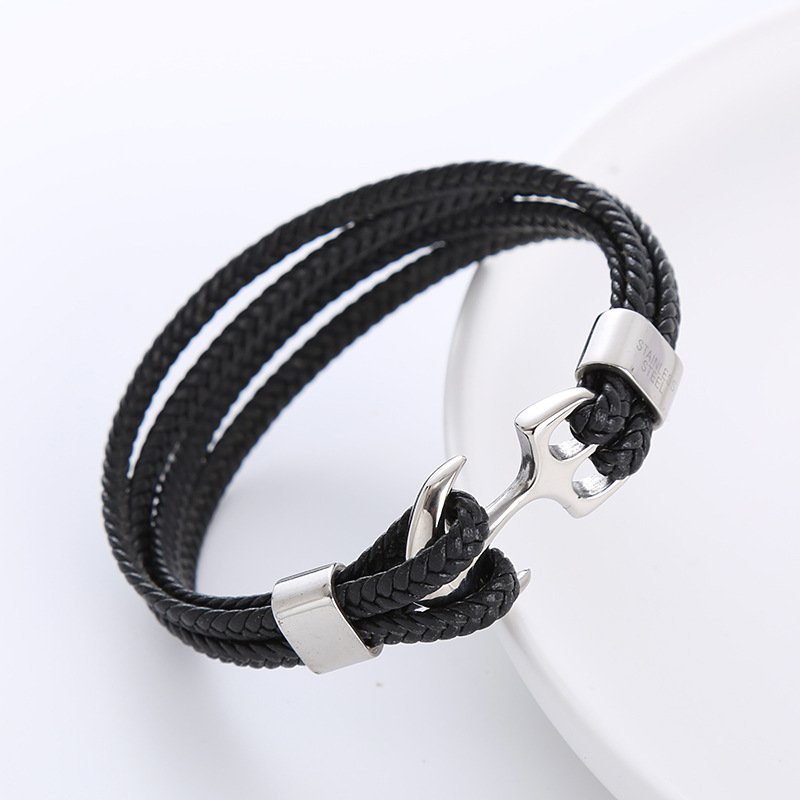 Luxury Jewelry Cowhide Fashion Men Boat Ocean Stainless Steel Anchor Leather Bracelet for Men