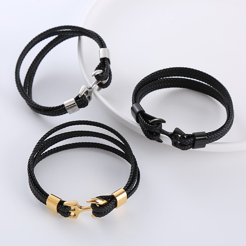 Luxury Jewelry Cowhide Fashion Men Boat Ocean Stainless Steel Anchor Leather Bracelet for Men