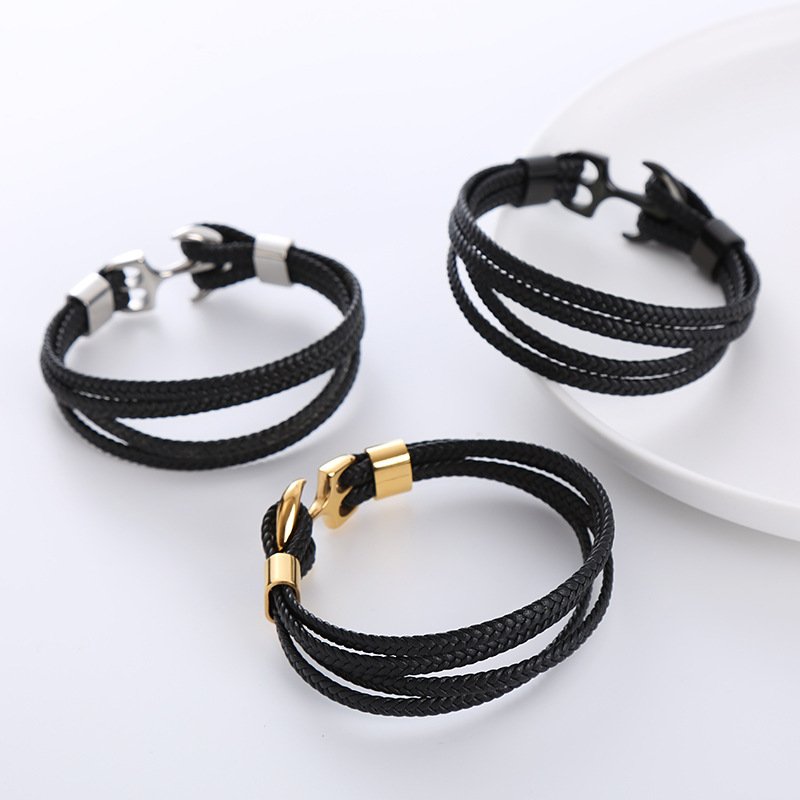 Luxury Jewelry Cowhide Fashion Men Boat Ocean Stainless Steel Anchor Leather Bracelet for Men