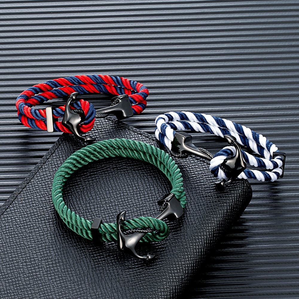 Unisex Outdoor Black Stainless Steel Sailing Anchor Buckle High Quality Polyester Umbrella Cord Couple Milan Rope Bracelets