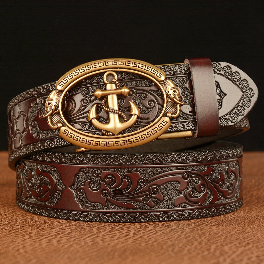 Sailor Personality Boat Anchor Genuine Leather Belt Automatic Buckle Men Belt Cowhide Leisure Carved Belt