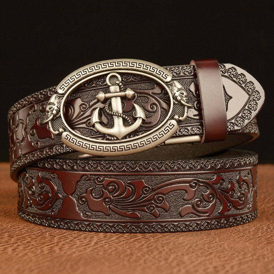 Sailor Personality Boat Anchor Genuine Leather Belt Automatic Buckle Men Belt Cowhide Leisure Carved Belt