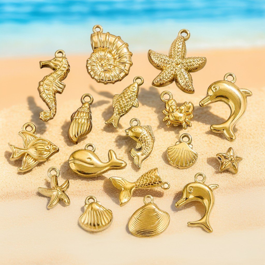 Stainless Steel 18k PVD Gold Plated Ocean Life Sea Marine Animal Seashell Charms Pendants Necklace Bracelet Jewelry Making
