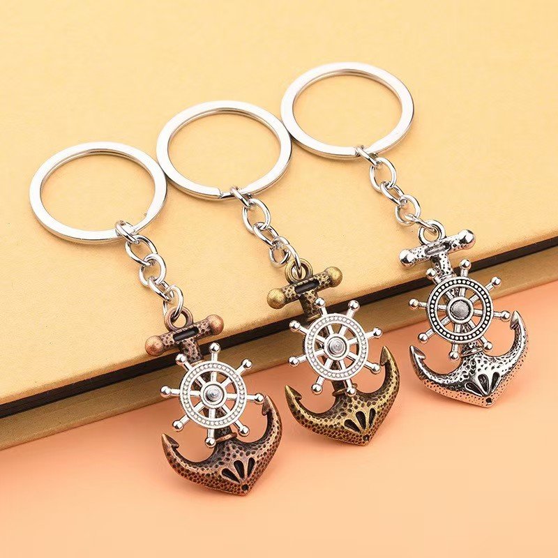 High Quality Rotatable Retro Pirate Ship Anchor Keyring Helm Summer Design Souvenir Charms Boat Anchor Mettal Keychain