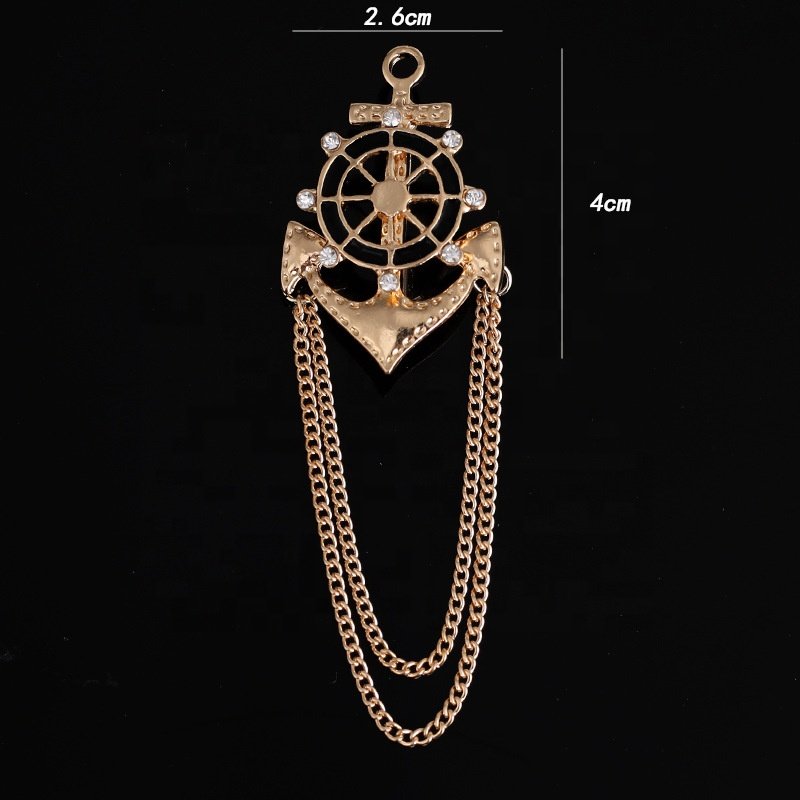 Navy Wind Boat Anchor with Diamond Chain Fashion Pin Men's Suit Accessories Personality Rudder Chain Brooch