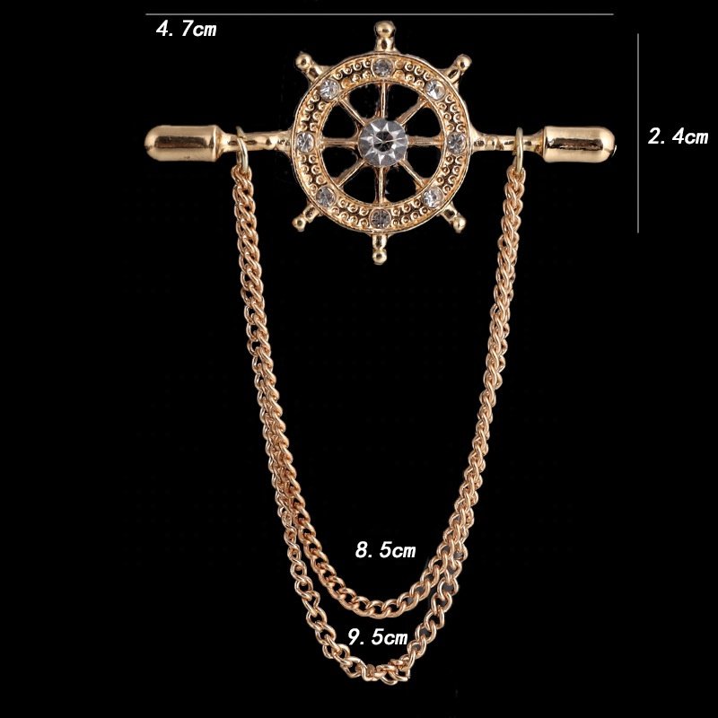 Navy Wind Boat Anchor with Diamond Chain Fashion Pin Men's Suit Accessories Personality Rudder Chain Brooch