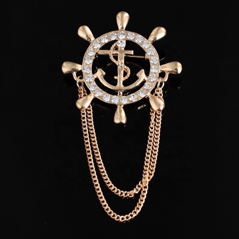 Navy Wind Boat Anchor with Diamond Chain Fashion Pin Men's Suit Accessories Personality Rudder Chain Brooch