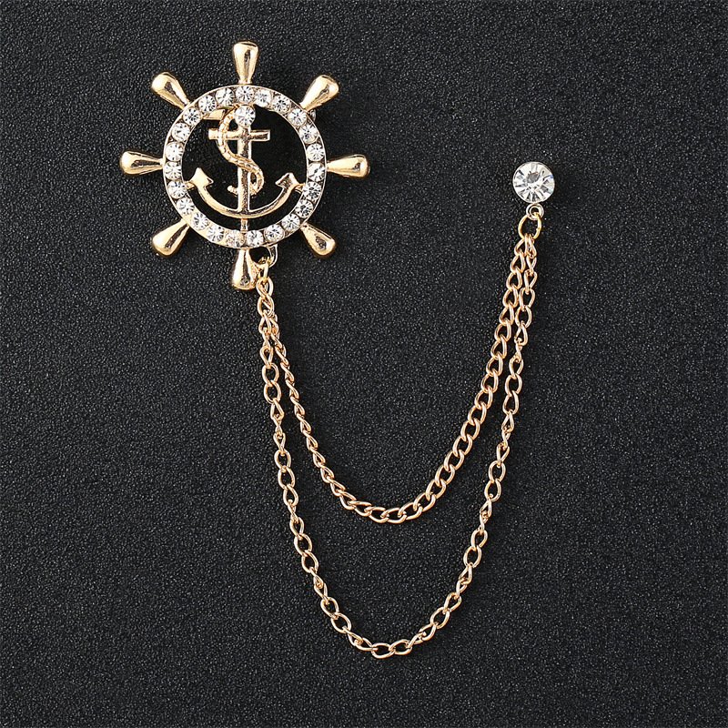 Navy Wind Boat Anchor with Diamond Chain Fashion Pin Men's Suit Accessories Personality Rudder Chain Brooch