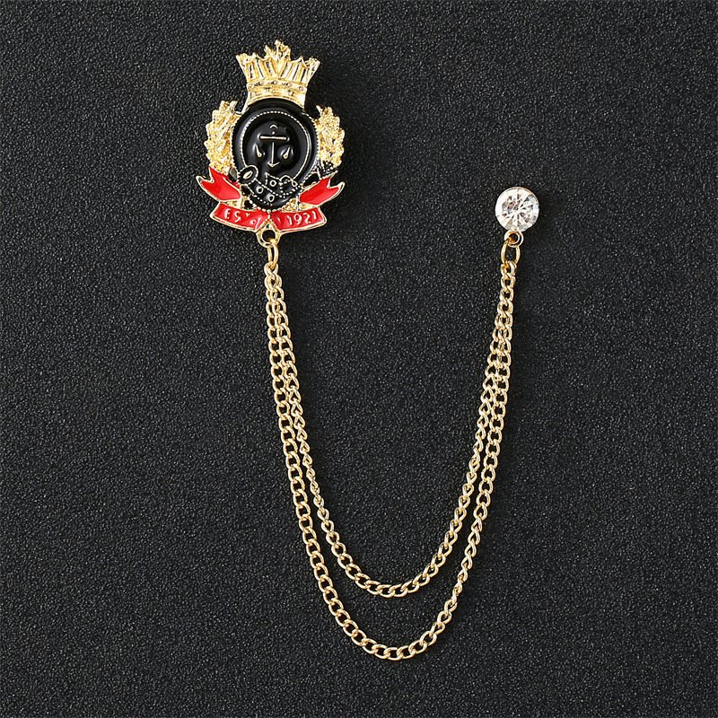 Navy Wind Boat Anchor with Diamond Chain Fashion Pin Men's Suit Accessories Personality Rudder Chain Brooch