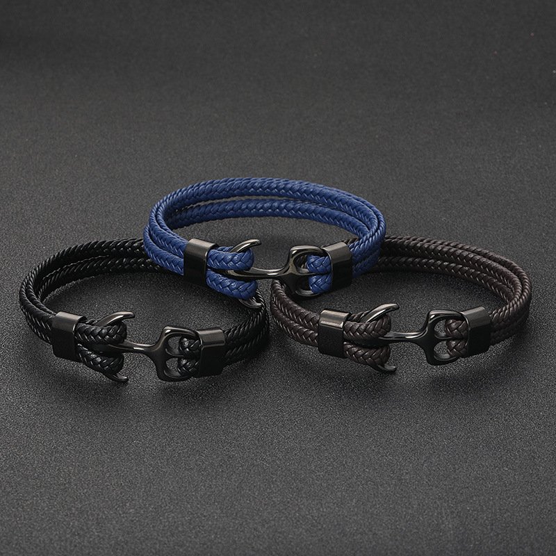 Vintage Fine Jewelry Boat Anchor Charm for Men Stainless Steel Leather Bracelets Red Lucky Color Fashionable Bracelets Rope
