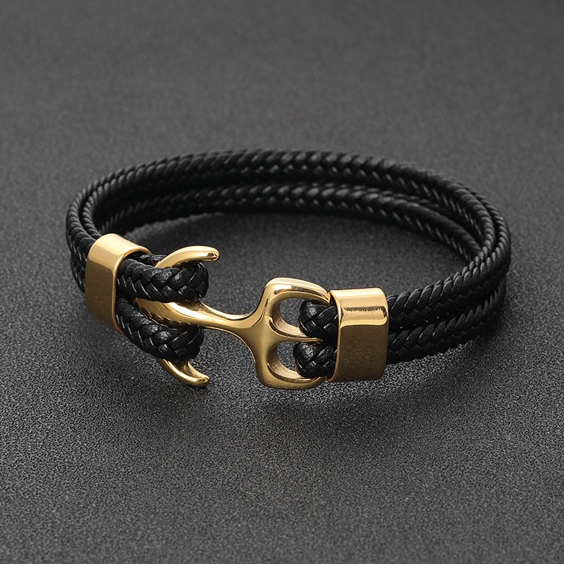 Vintage Fine Jewelry Boat Anchor Charm for Men Stainless Steel Leather Bracelets Red Lucky Color Fashionable Bracelets Rope