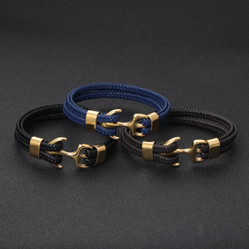 Vintage Fine Jewelry Boat Anchor Charm for Men Stainless Steel Leather Bracelets Red Lucky Color Fashionable Bracelets Rope