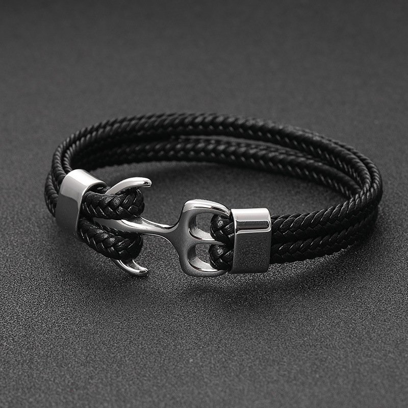 Vintage Fine Jewelry Boat Anchor Charm for Men Stainless Steel Leather Bracelets Red Lucky Color Fashionable Bracelets Rope