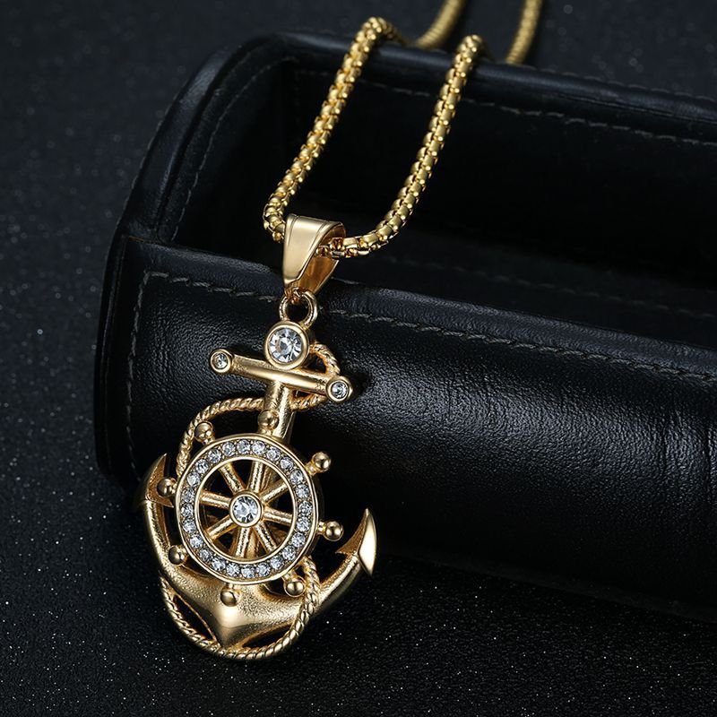 Men's 18K Gold Plated Stainless Steel Travelers Graduates Sailors Nautical Jewelry Gift Compass Navy Ship Rudder Anchor Pendant