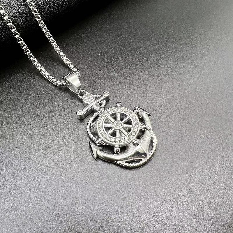 Men's 18K Gold Plated Stainless Steel Travelers Graduates Sailors Nautical Jewelry Gift Compass Navy Ship Rudder Anchor Pendant