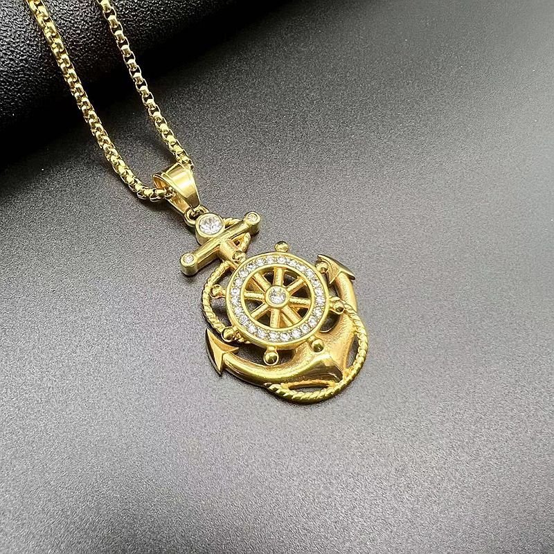 Men's 18K Gold Plated Stainless Steel Travelers Graduates Sailors Nautical Jewelry Gift Compass Navy Ship Rudder Anchor Pendant