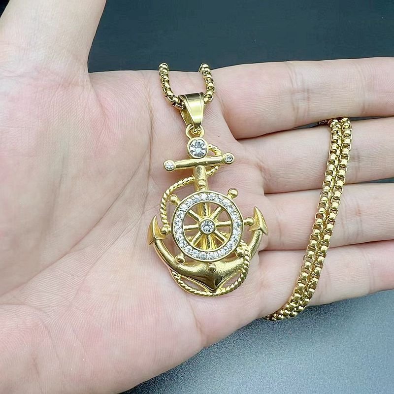 Men's 18K Gold Plated Stainless Steel Travelers Graduates Sailors Nautical Jewelry Gift Compass Navy Ship Rudder Anchor Pendant
