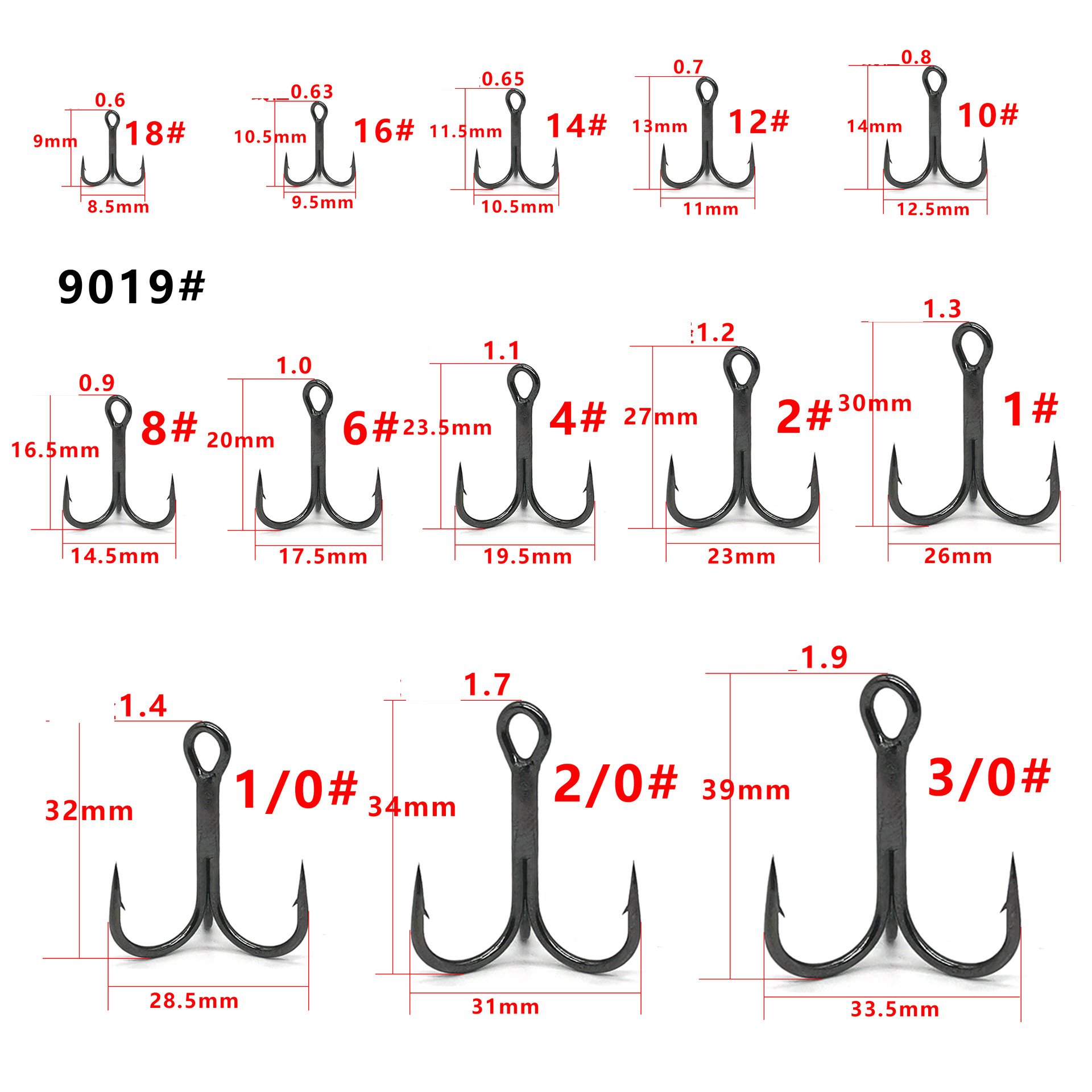 9019-1X Strong Black Nickel Blood Three Hook with Barbed Anchor Fish Hook Treble Fishing Hooks