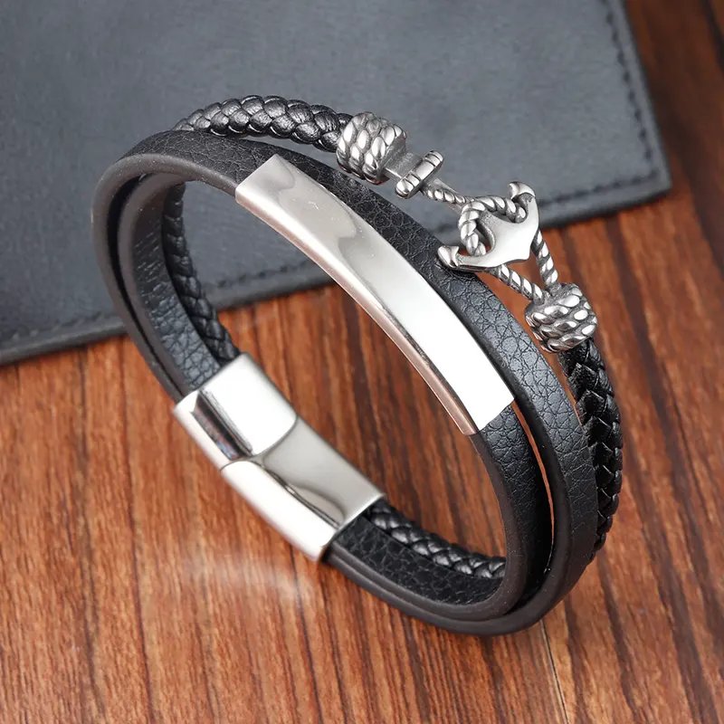 Anchor Pattern Stainless Steel Bracelet Bangle Custom Logo 3 Layers Black Leather Braided Men's Leather Bracelets OT-246