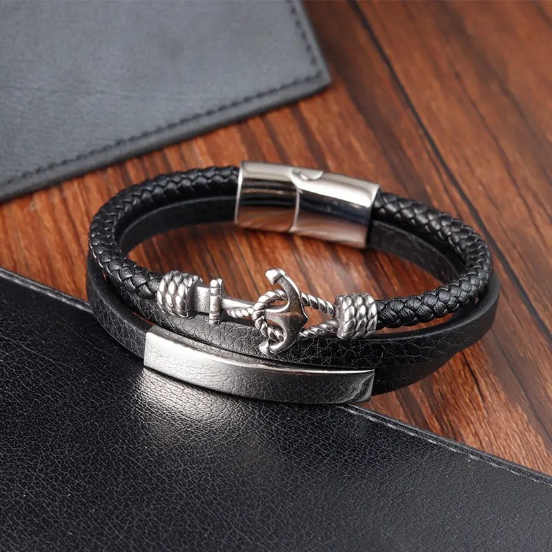 Anchor Pattern Stainless Steel Bracelet Bangle Custom Logo 3 Layers Black Leather Braided Men's Leather Bracelets OT-246