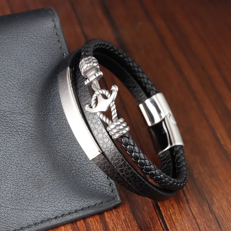 Anchor Pattern Stainless Steel Bracelet Bangle Custom Logo 3 Layers Black Leather Braided Men's Leather Bracelets OT-246