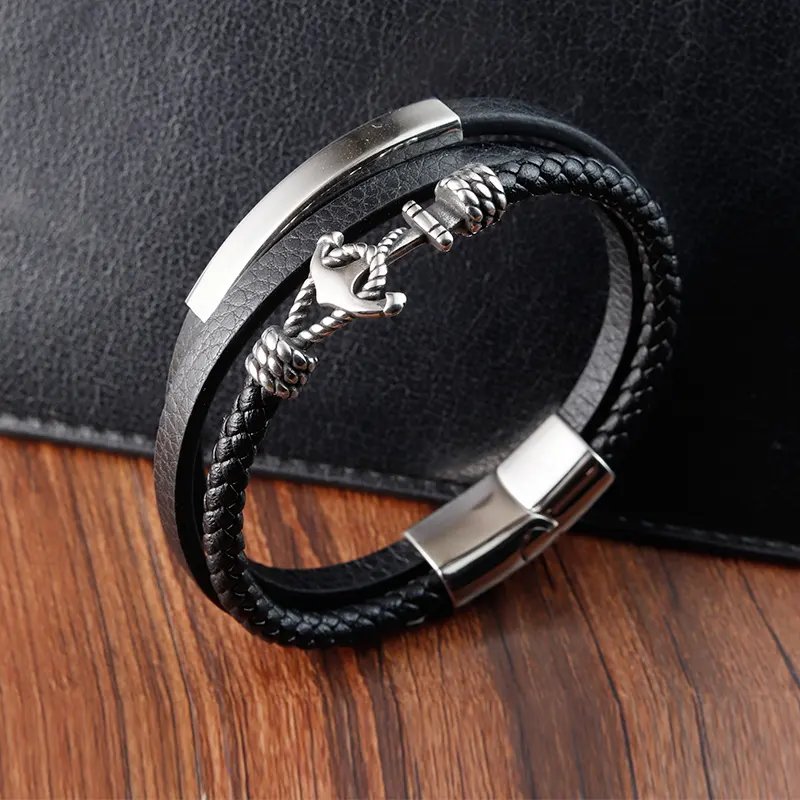 Anchor Pattern Stainless Steel Bracelet Bangle Custom Logo 3 Layers Black Leather Braided Men's Leather Bracelets OT-246