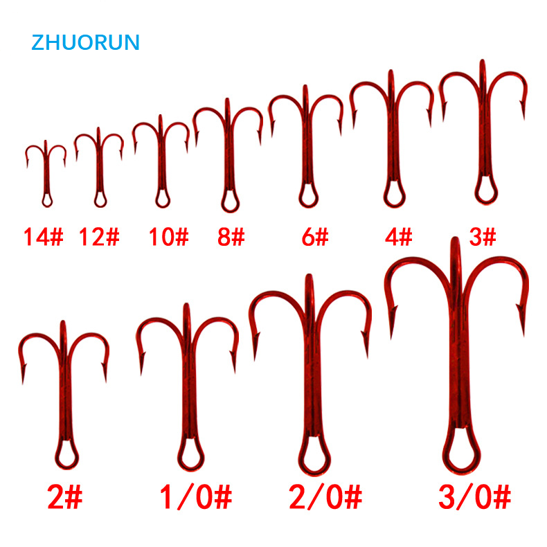 ZHUORUN High Quality Red Fishhook Carbon Steel Treble Triple Jig Hooks Fishing Hooks Sharpened Three Anchor 2/3/4/6/8/10/12/14#