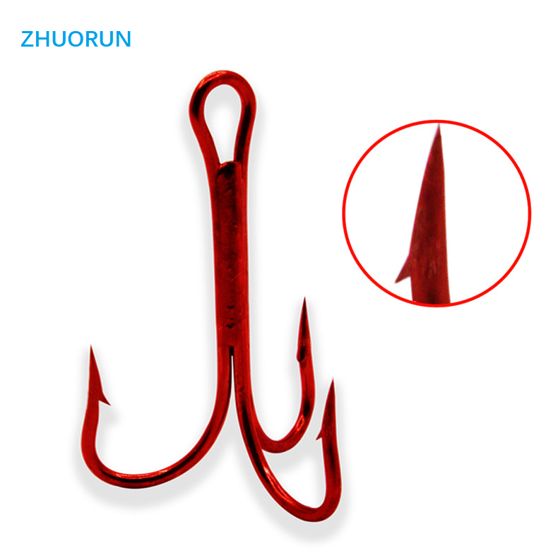 ZHUORUN High Quality Red Fishhook Carbon Steel Treble Triple Jig Hooks Fishing Hooks Sharpened Three Anchor 2/3/4/6/8/10/12/14#