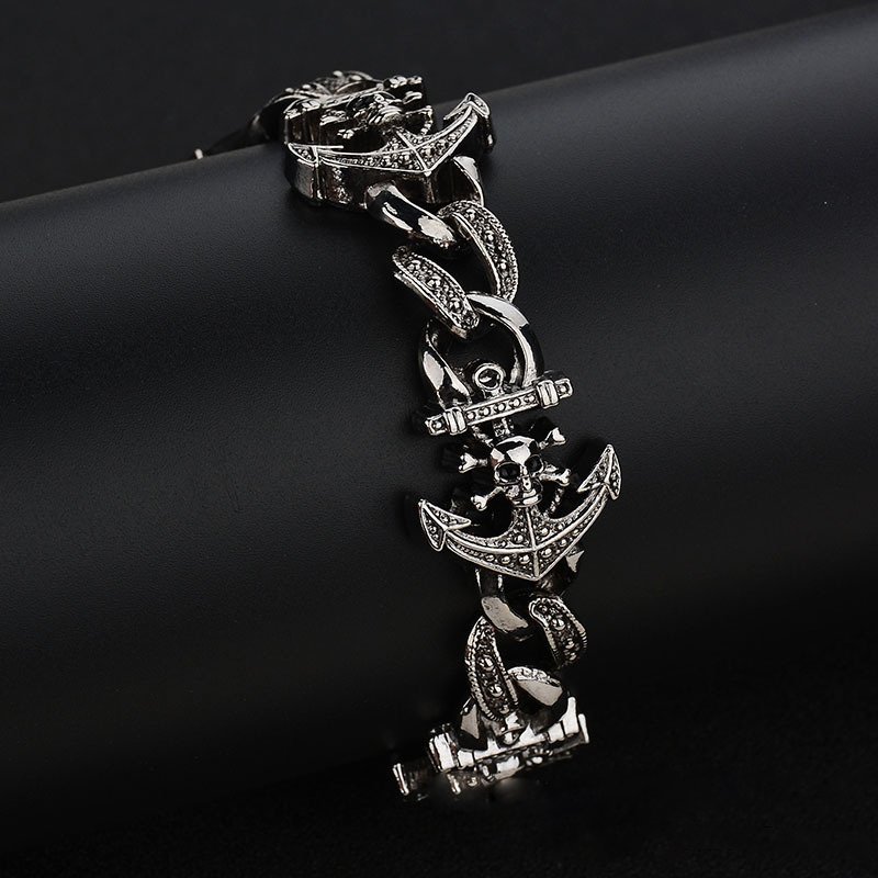 Punk Skull and Boat Achor Design Silver Plated Link Chain Charms Bracelet for Men