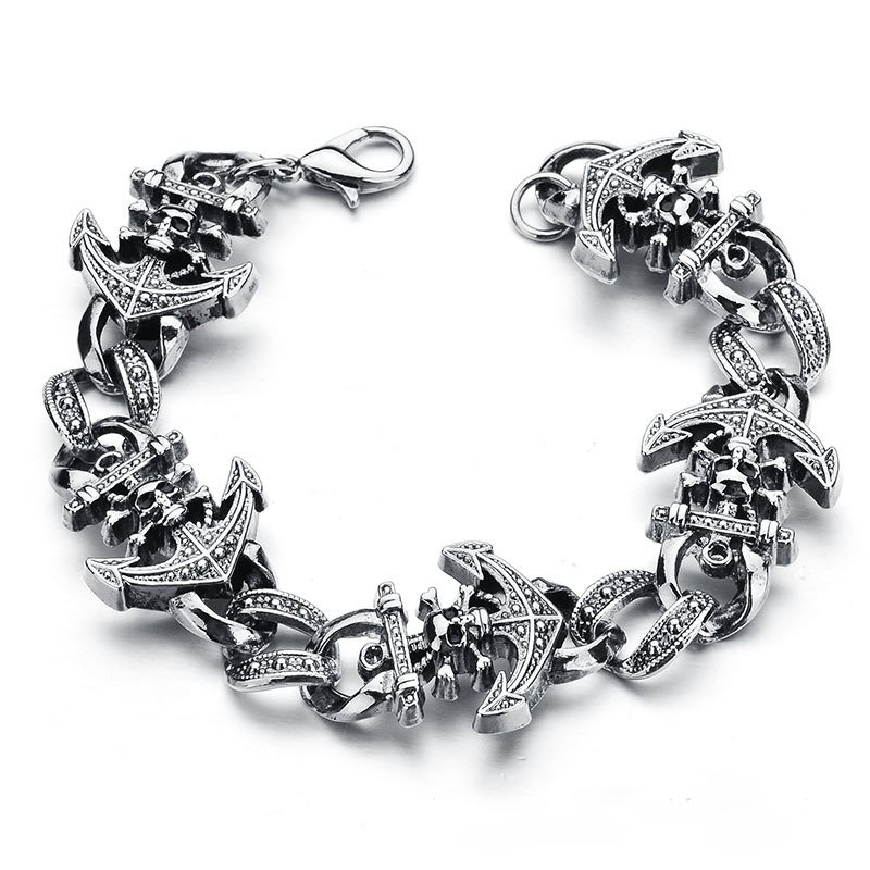 Punk Skull and Boat Achor Design Silver Plated Link Chain Charms Bracelet for Men