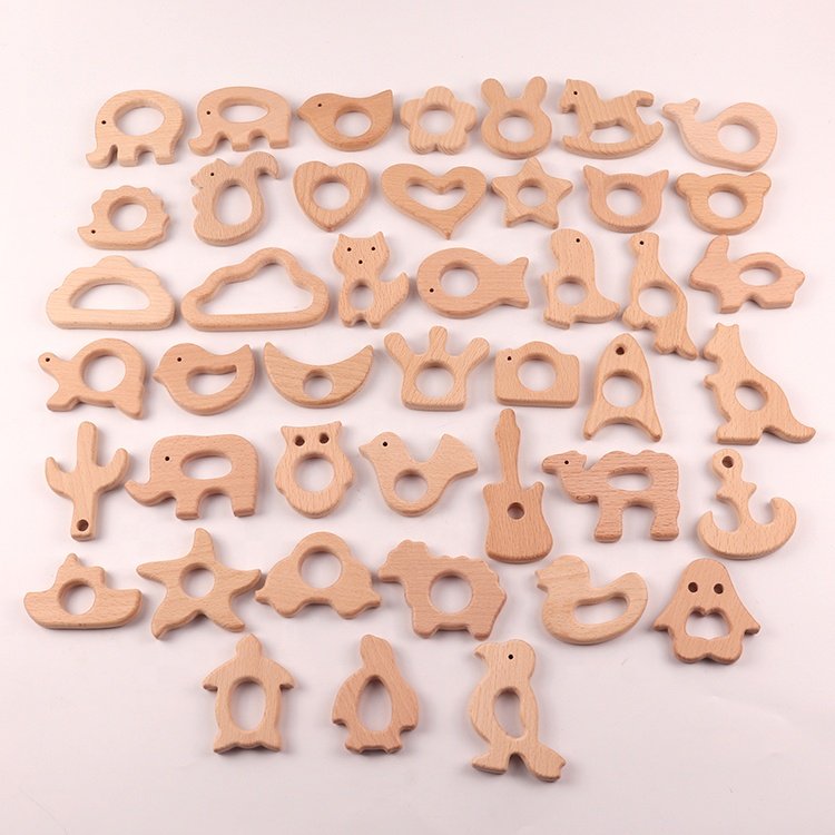 Fashional Wholesale Multi Size Beech Wood Baby Wooden Teether Animal Baby Teethers