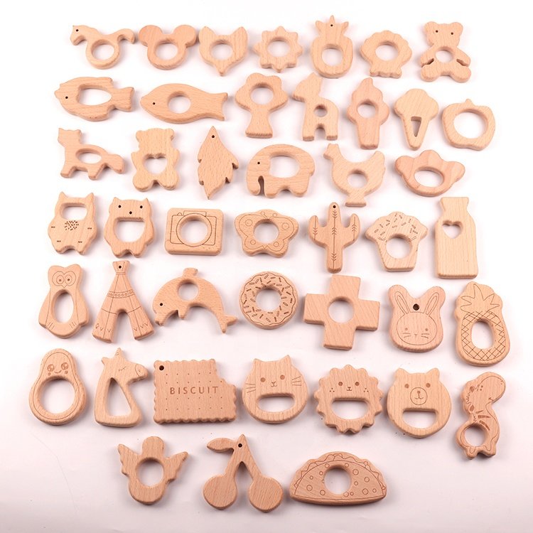 Fashional Wholesale Multi Size Beech Wood Baby Wooden Teether Animal Baby Teethers