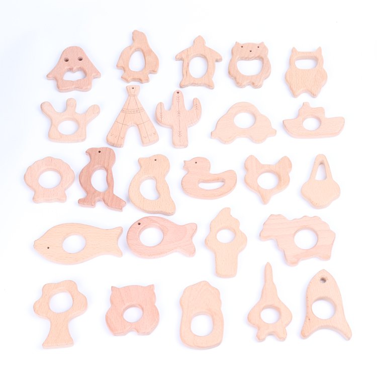 Fashional Wholesale Multi Size Beech Wood Baby Wooden Teether Animal Baby Teethers