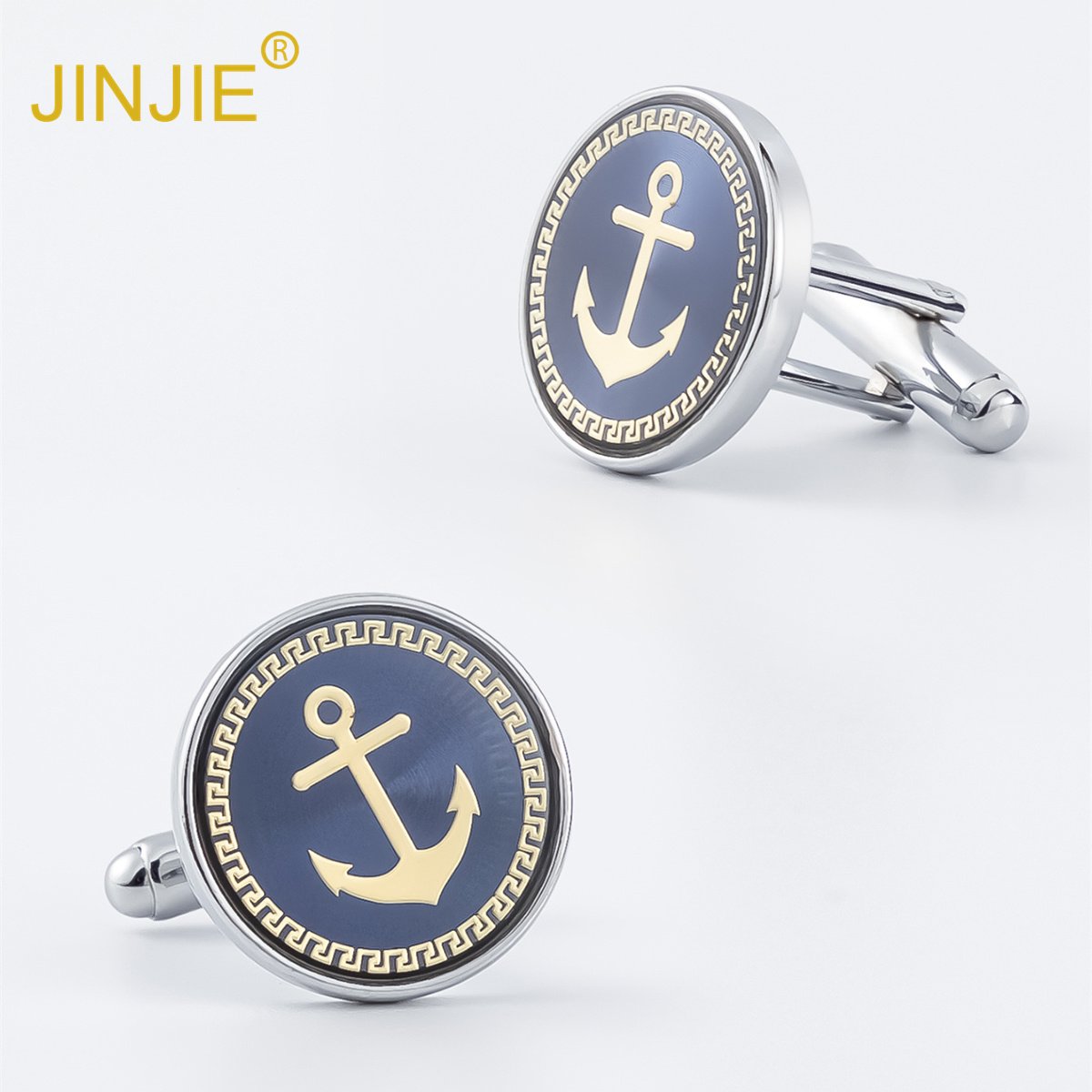 JINJIE High Quality Fashion French Round Metal Enamel Boat Anchor Mens Cufflinks for Shirt Wholesale