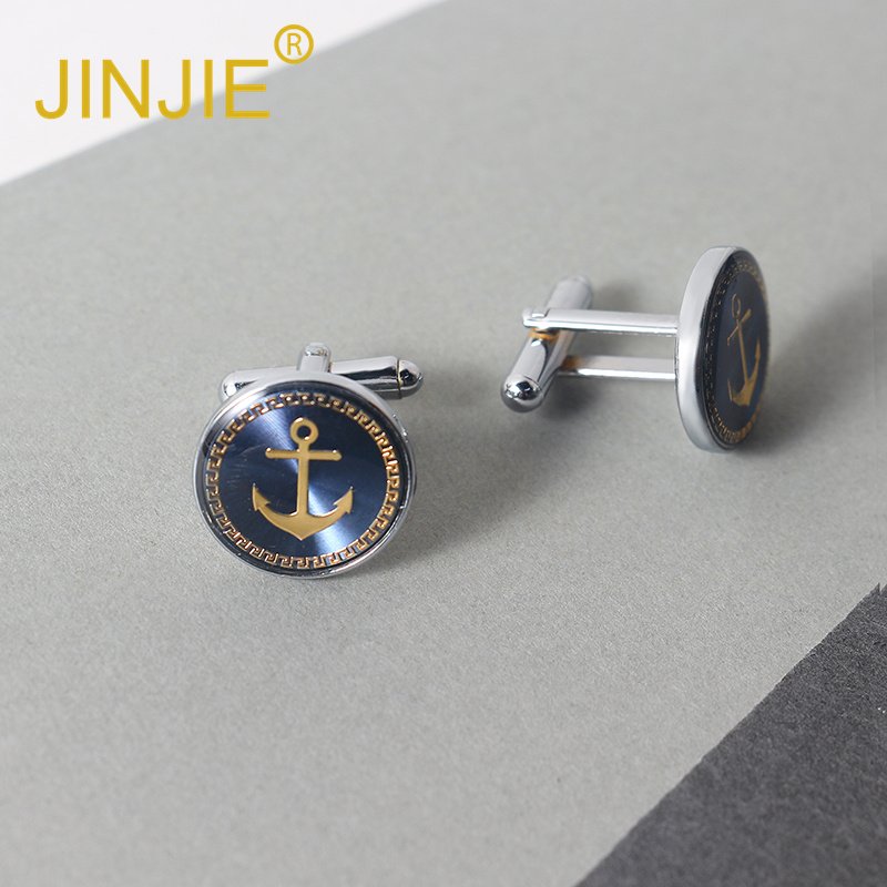 JINJIE High Quality Fashion French Round Metal Enamel Boat Anchor Mens Cufflinks for Shirt Wholesale