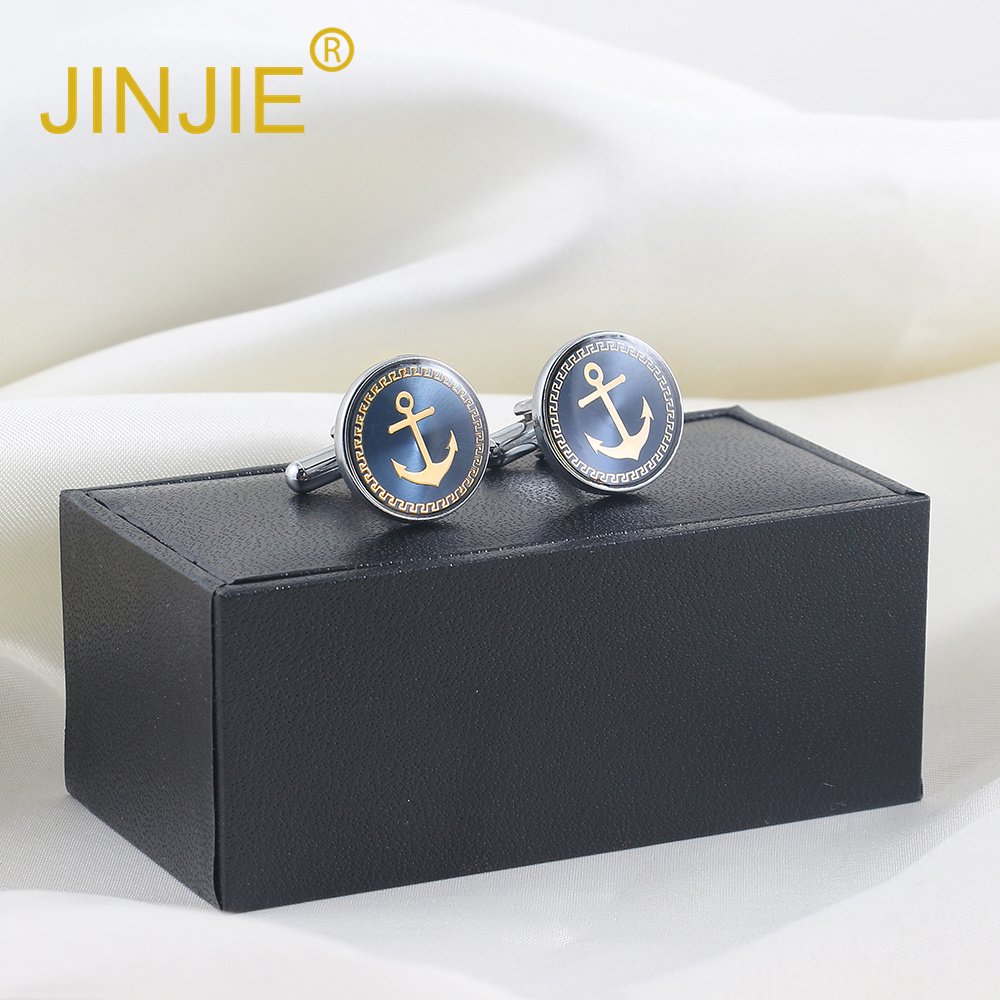 JINJIE High Quality Fashion French Round Metal Enamel Boat Anchor Mens Cufflinks for Shirt Wholesale