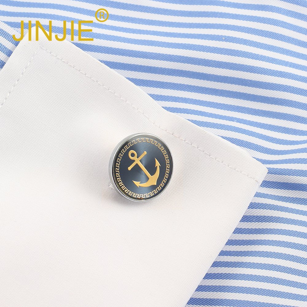 JINJIE High Quality Fashion French Round Metal Enamel Boat Anchor Mens Cufflinks for Shirt Wholesale