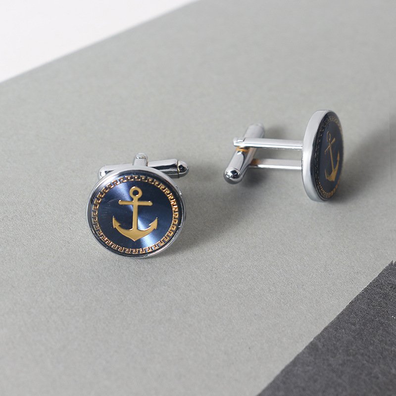 High Quality Fashion French Copper Main Stone Round Metal Enamel Boat Anchor Mens Cufflinks