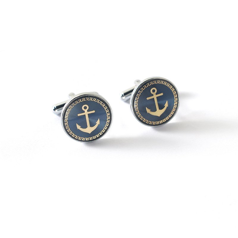 High Quality Fashion French Copper Main Stone Round Metal Enamel Boat Anchor Mens Cufflinks