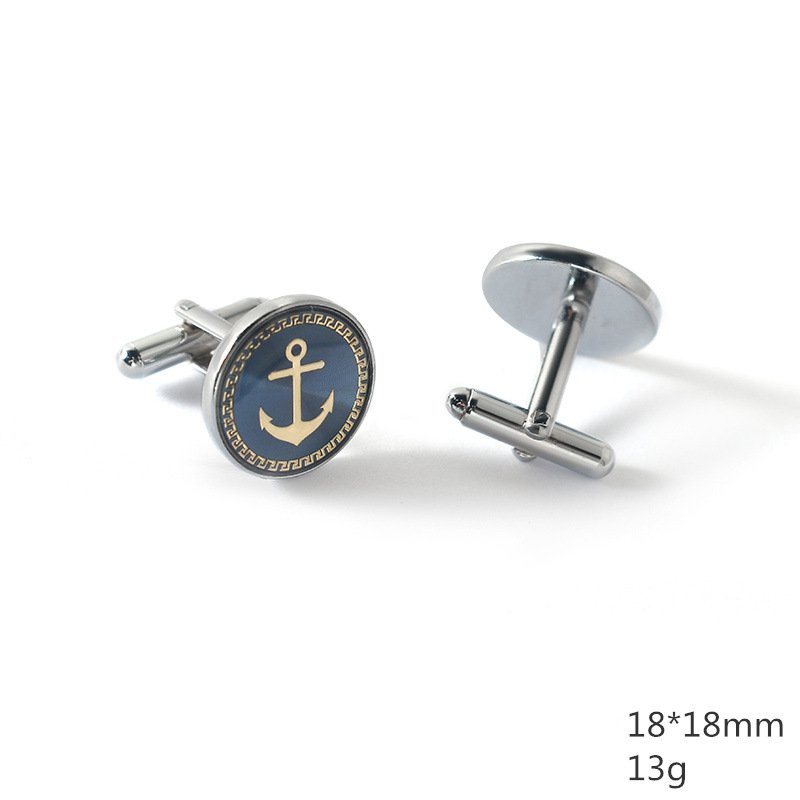 High Quality Fashion French Copper Main Stone Round Metal Enamel Boat Anchor Mens Cufflinks